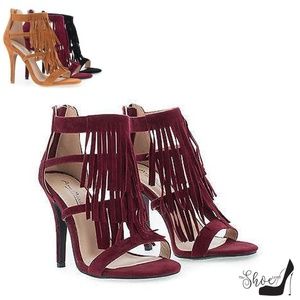 Gigi Faux Suede Burgundy Fringe Strappy Heels